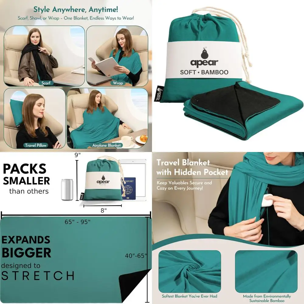 

Компактное бамбуковое одеяло 16-в-1 с двусторонним использованием, карманом и сумкой – ультрамягкое, компактное для путешествий и перелетов