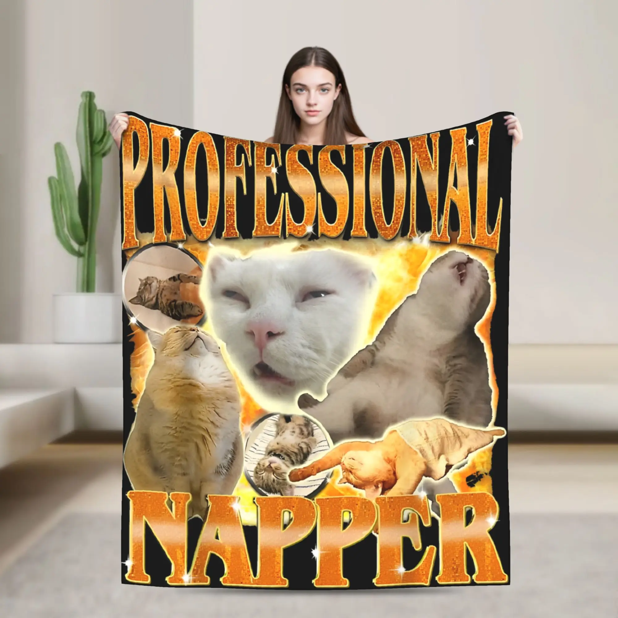 Funny Cat Meme Professional Napper Sarcasm Humor Cat Saying Blanket Warm Soft  Throw Blanket Winter Travel Home Decor Bedspread