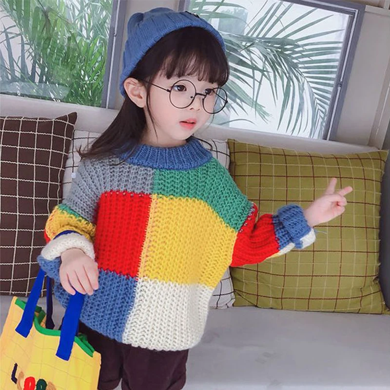 Autumn Winter 2023 New Baby Boys Sweater Girl Children Knitted Clothes Kids Pullover Jumper Toddler Sweater Plaid Color Matching