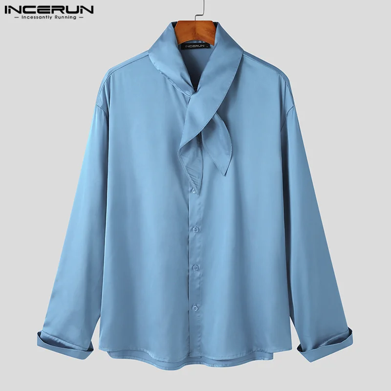 INCERUN Tops 2023 Korean Style Mens Silk Drape Necktie Shirts Casual Well Fitting New Men\'s Solid All-match Sleeved Blouse S-5XL