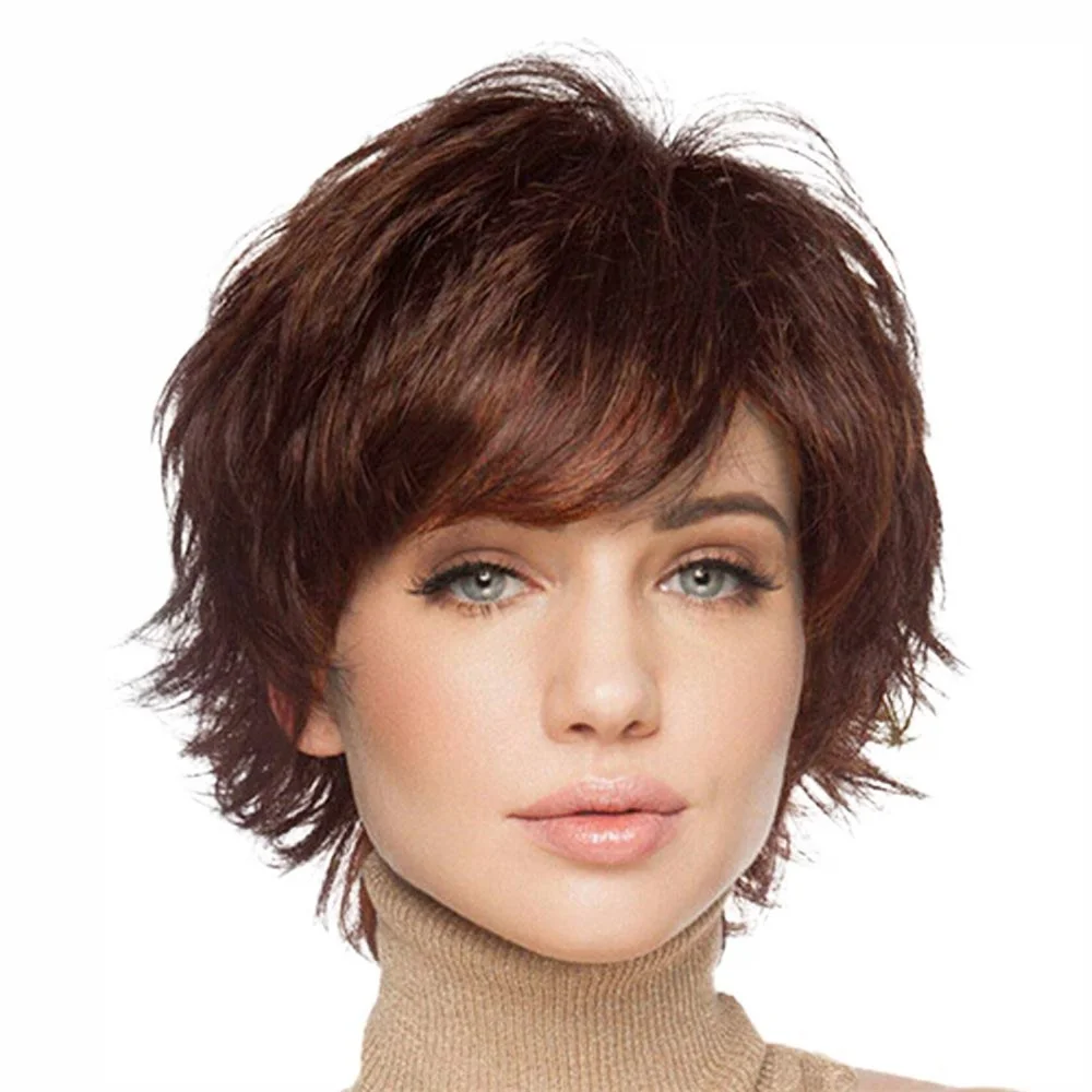 

*Women's Short Straight Brown Bob Wig with Side Bangs, Heat Resistant Synthetic Fiber for Daily Use