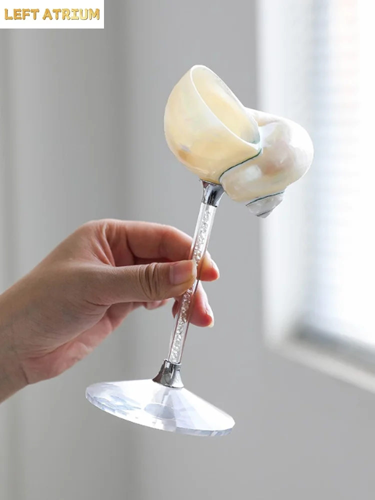 2Pcs Natural Conch Shell Goblet Glass,Champagne Wine Glass, Kitchen Drinkware Set, Natural Coastal Decor with Gold/Silver Handle