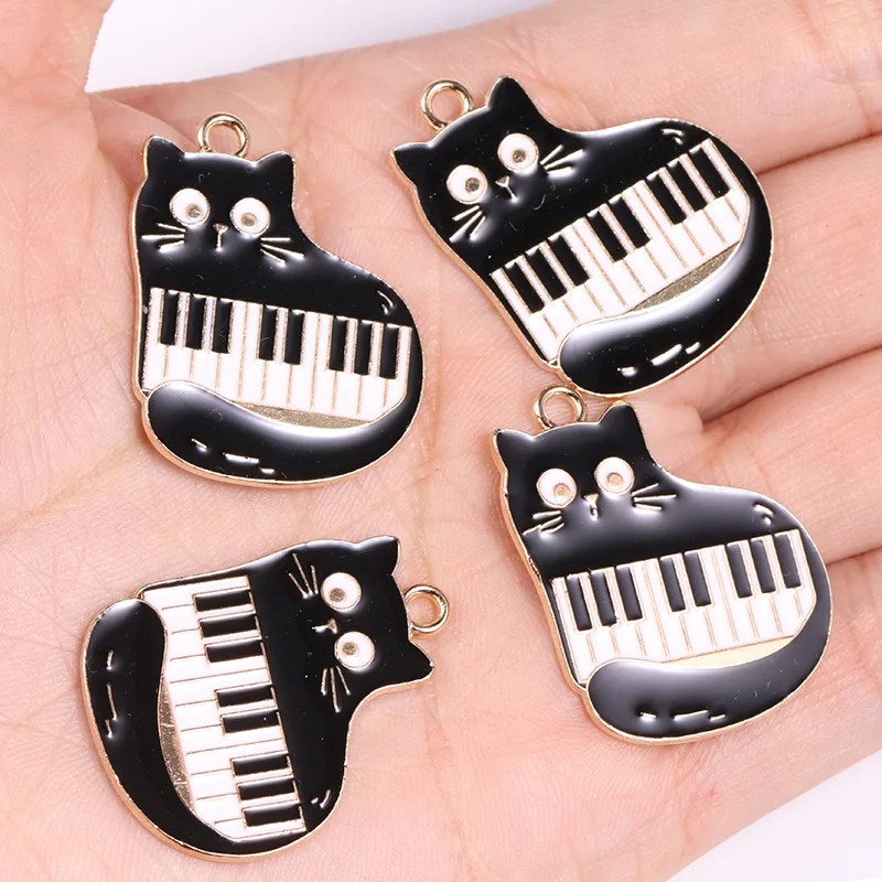 10Pcs/Lot Enamel Cartoon Series Cat Pendant Punk Style Piano Notes Animal Charm DIY Necklace Bracelet Jewelry Making Accessories