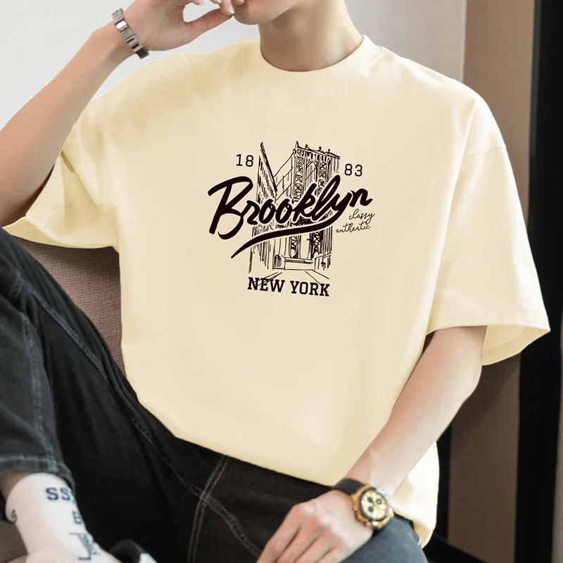 Camiseta Masculina De Algodão Pesado, Manga Curta, Caimento Solto, Gola Redonda, Estilo Americano, Tendência Primavera Verão