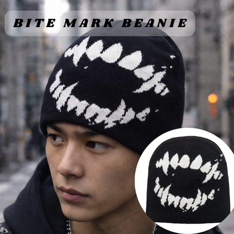 Unisex Pixel Demon Smile Beanie Hat Gothic Punk Y2K Edgy Knit Skull Cap Dark Aesthetic Kpop Harajuku Streetwear Hat for Women