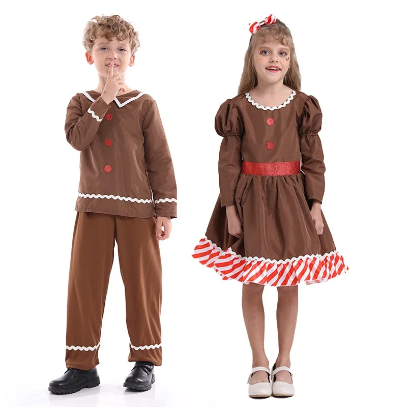 Kind Lebkuchen Mann Kostüm für Mädchen Kleid Weihnachten braun Gin brote Elfen Split Anzug Jungen für Halloween Cosplay Party