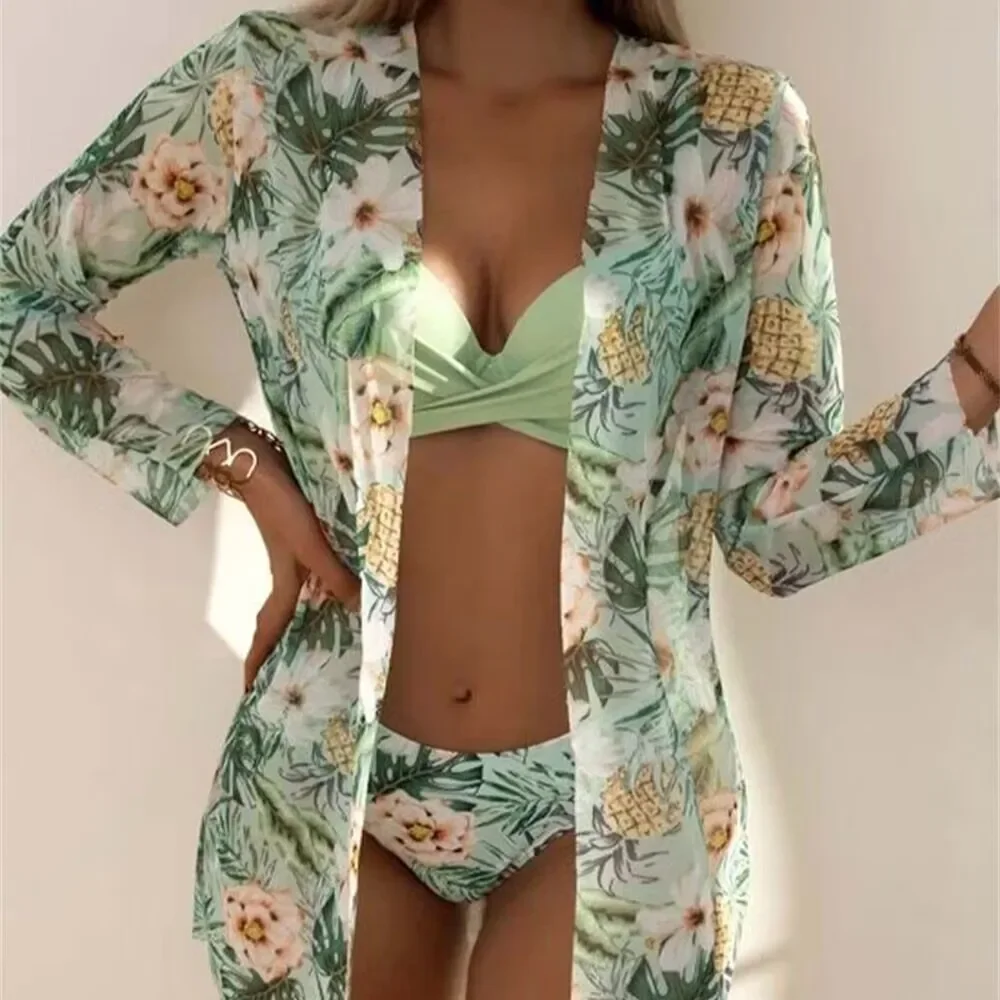 Three Pieces Bikini Set Cover Up Women 2023 New Push Up Twist Swimsuit Print Long Sleeve Swimwear Biquini Bathing Suit Summer