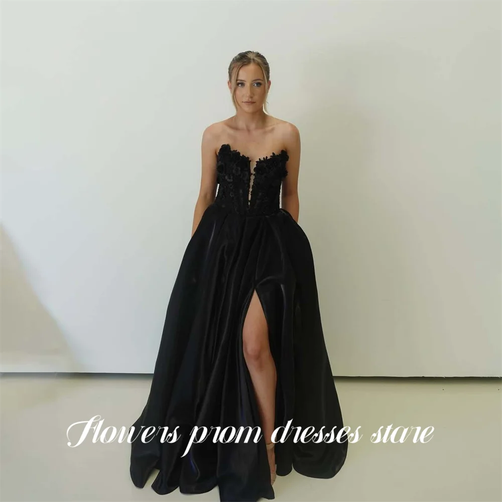 

Flowers Black Satin Party Dress Strapless A Line Evening Dress with 3D Floral فساتين السهرة for Wedding Customized