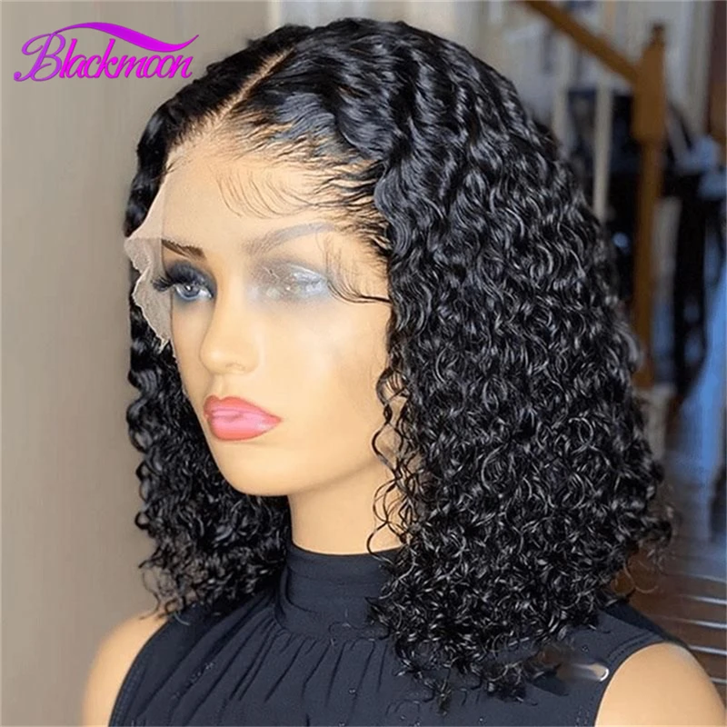 Brazilian Short Bob Wig Water Wave Human Hair Lace Part Wigs for Women Remy Hair Pre Plucked T Middle Part Water Curly Natural