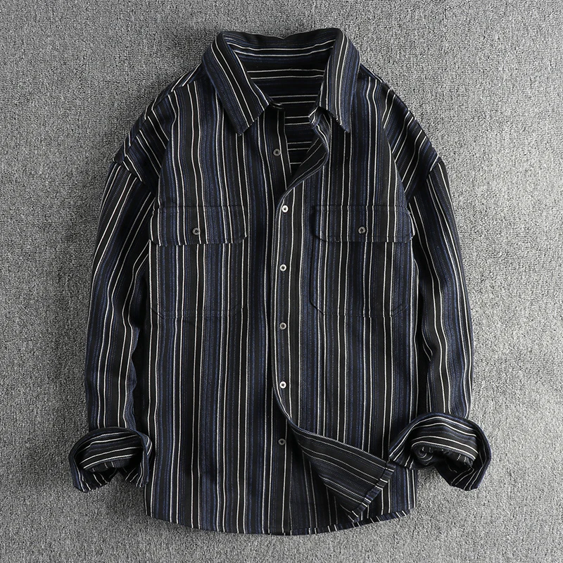 

Fashionable men's senior sense striped denim long-sleeved shirt washed texture tooling fashion shirt coat