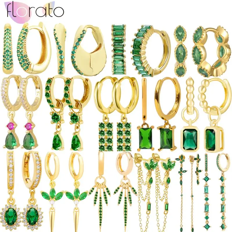 

925 Sterling Silver Needle Luxury Green Series Small Hoop Earrings for Women 24K Gold Earrings Trend Jewelry Ear Accessories