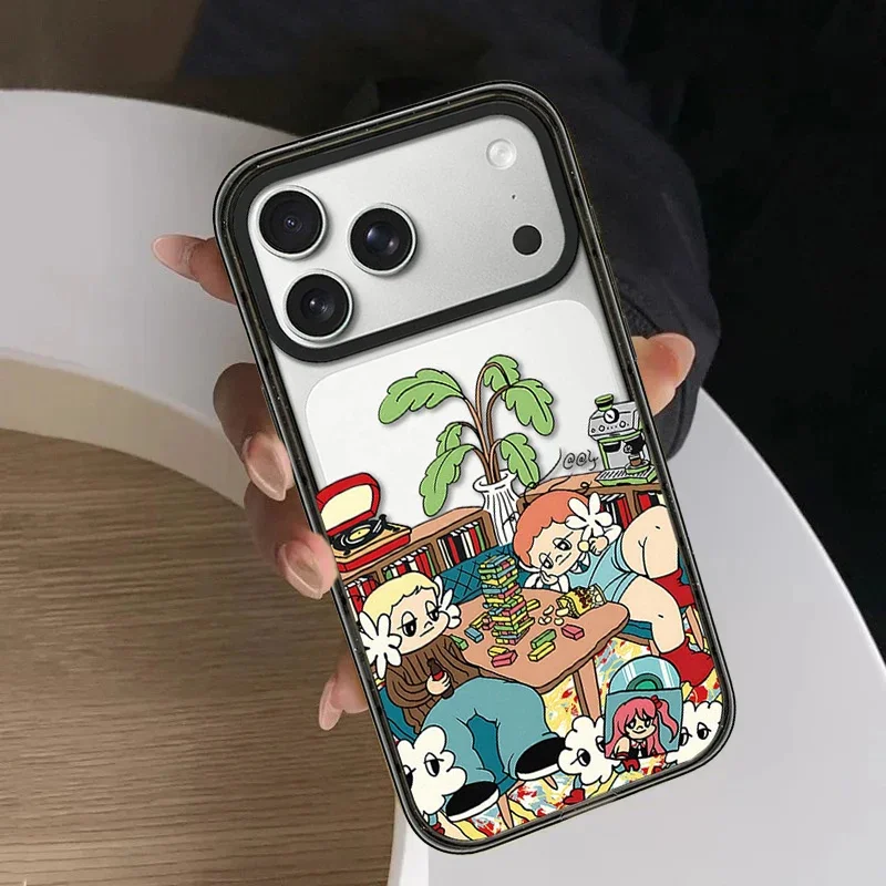 Creative Vacation Cartoon Girl Impact Black Border Magnetic Phone Case Cover for IPhone 13 14 15 16 17 18 Pro Max Case