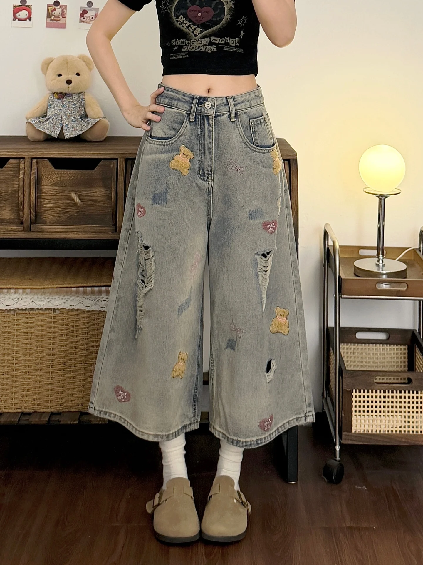 

Ripped Bear Embroidery Design Denim Shorts Women's High Waist Wide Leg Pants Summer New Style plus Size Loose Fit Casual Jeans