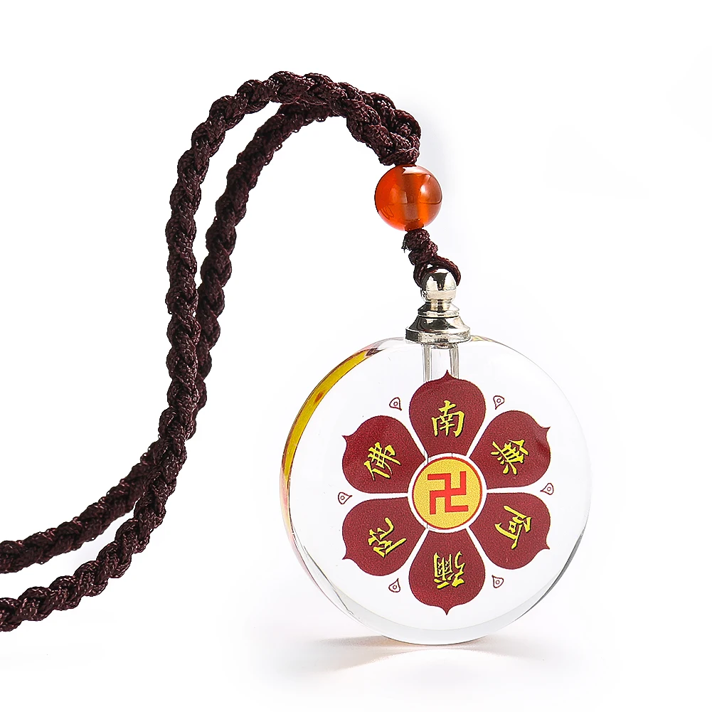 Namo Amitabha Buddhist Lotus Flower Crystal Glass Pendant Necklace Openable Locket Keepsake Pet Hair Ashes Storage Charm Jewelry