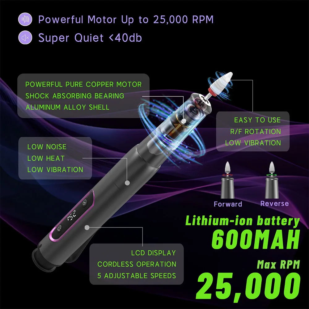 Portable Electric Cordless Nail Drill , with LCD Low Noise , High Speed , Professional Nail Polishers Nail Accessories Set 。