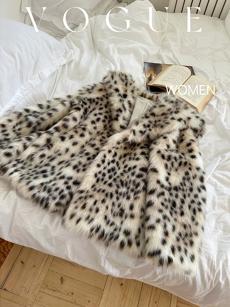 2024 New Arrival Leopard  Fur Overcoat with Fashion party Thick warm Faux Fur Unique Design Winter Entry lux fur Coat Women\'s