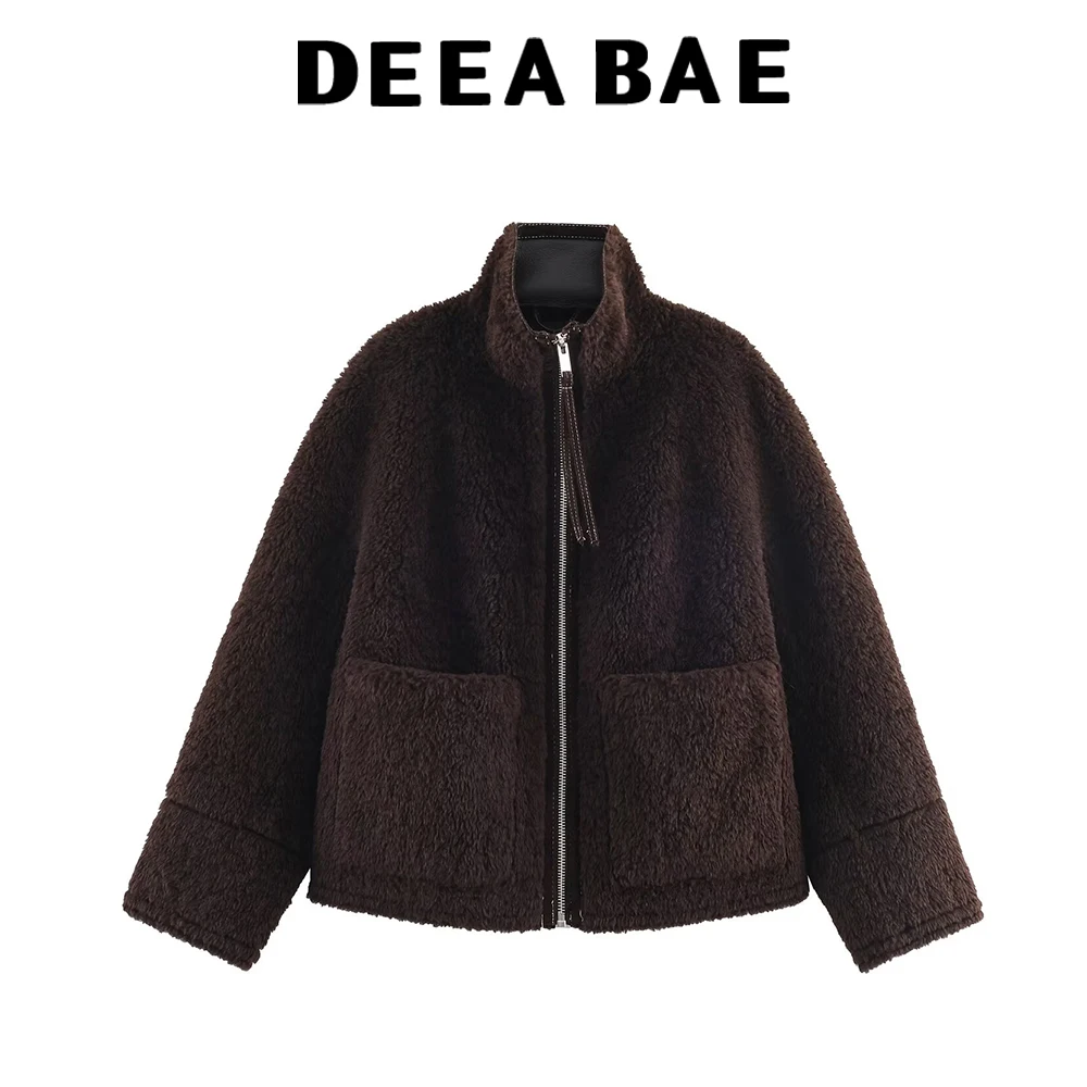 DEEABAE Brown high neck short furry lamb fur fur one-piece lamb fur cotton coat thick coat for women in winter