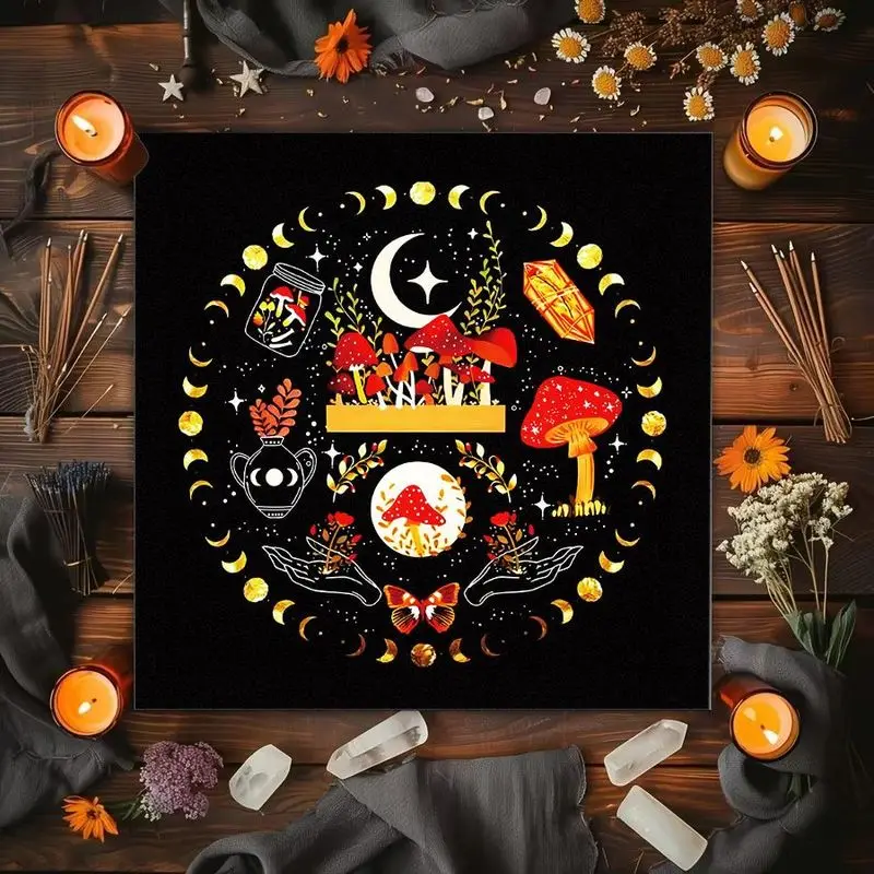 VIKAMA Moon Phase Red Mushroom Tarot Card Tablecloth Mystical Divination Altar Cloth Ceremony for Spiritual Room Decor