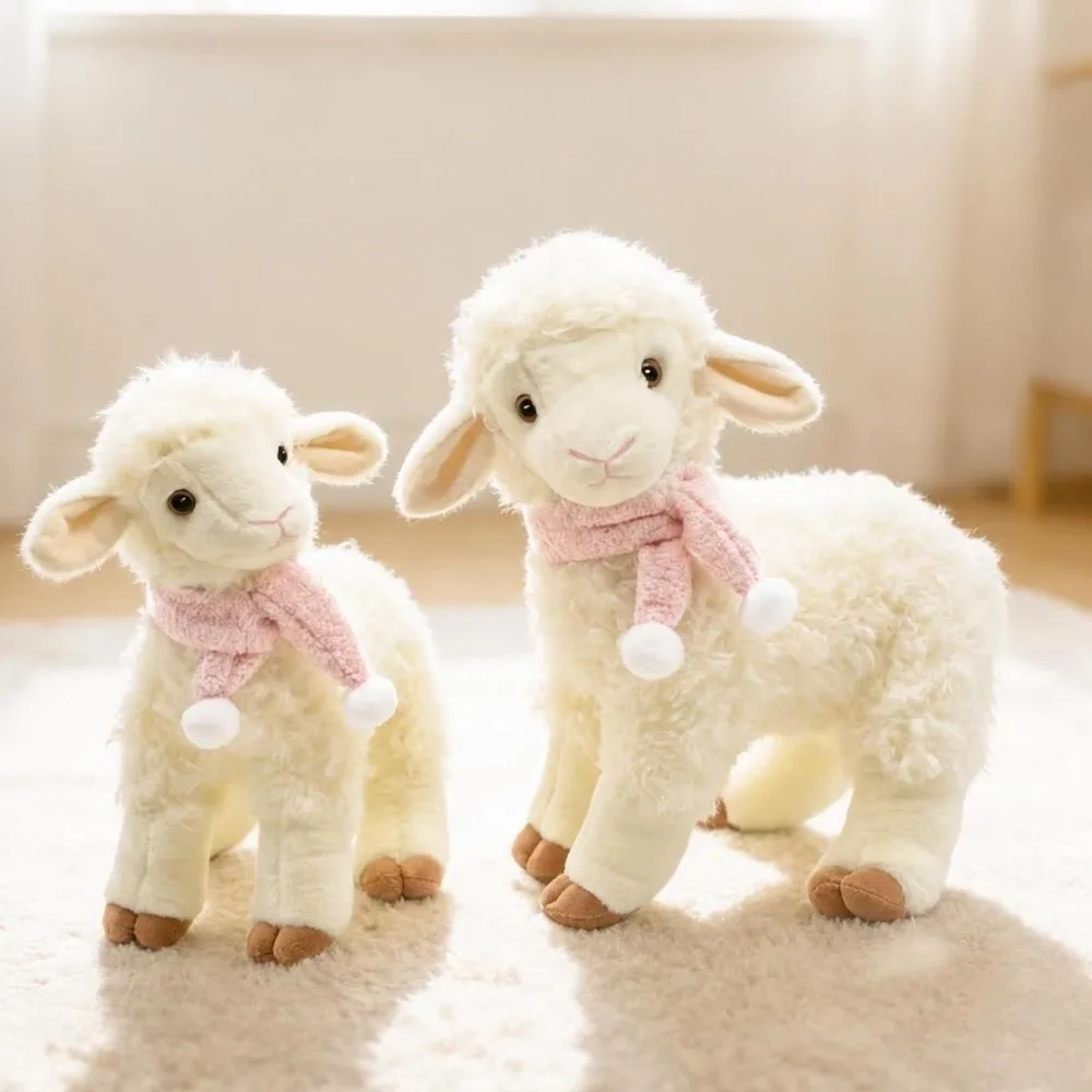 26cm 31cm Standing Sheep Plush Toy Soft Curly Fur Pink Scarf Soft Curly Fur Animal Standing Design White Pompom
