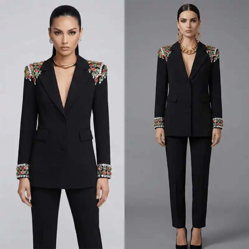 Shiny Diamond Women Suits 2 Pieces Jacket Pants Single Breasted Beads Jacket Formal Occasions Banquet Party Street Customized