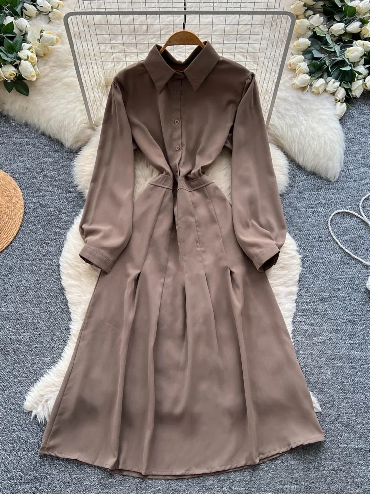 Casual Long Sve Women's Dr Tie Waist Gored Skirt Design Autumn New Sle Light Maturi Faion Single Piece Ci Commute