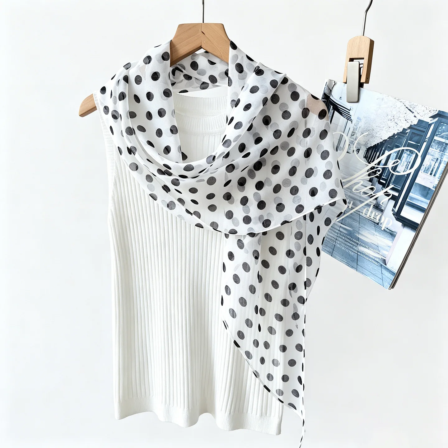 100% Silk Women White Base Black Polka Dot Long Scarf Elegant Pure Silk Neck Wrap Vintage Dot Shoulder Shaw Ladies Accessory