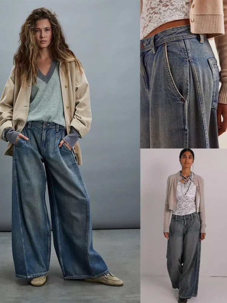 

Американский стиль, потертые широкие джинсы длиной до пола, женские мешковатые джинсы Y2k, джинсовые брюки в стиле Харадзюку, винтажные свободные прямые длинные брюки