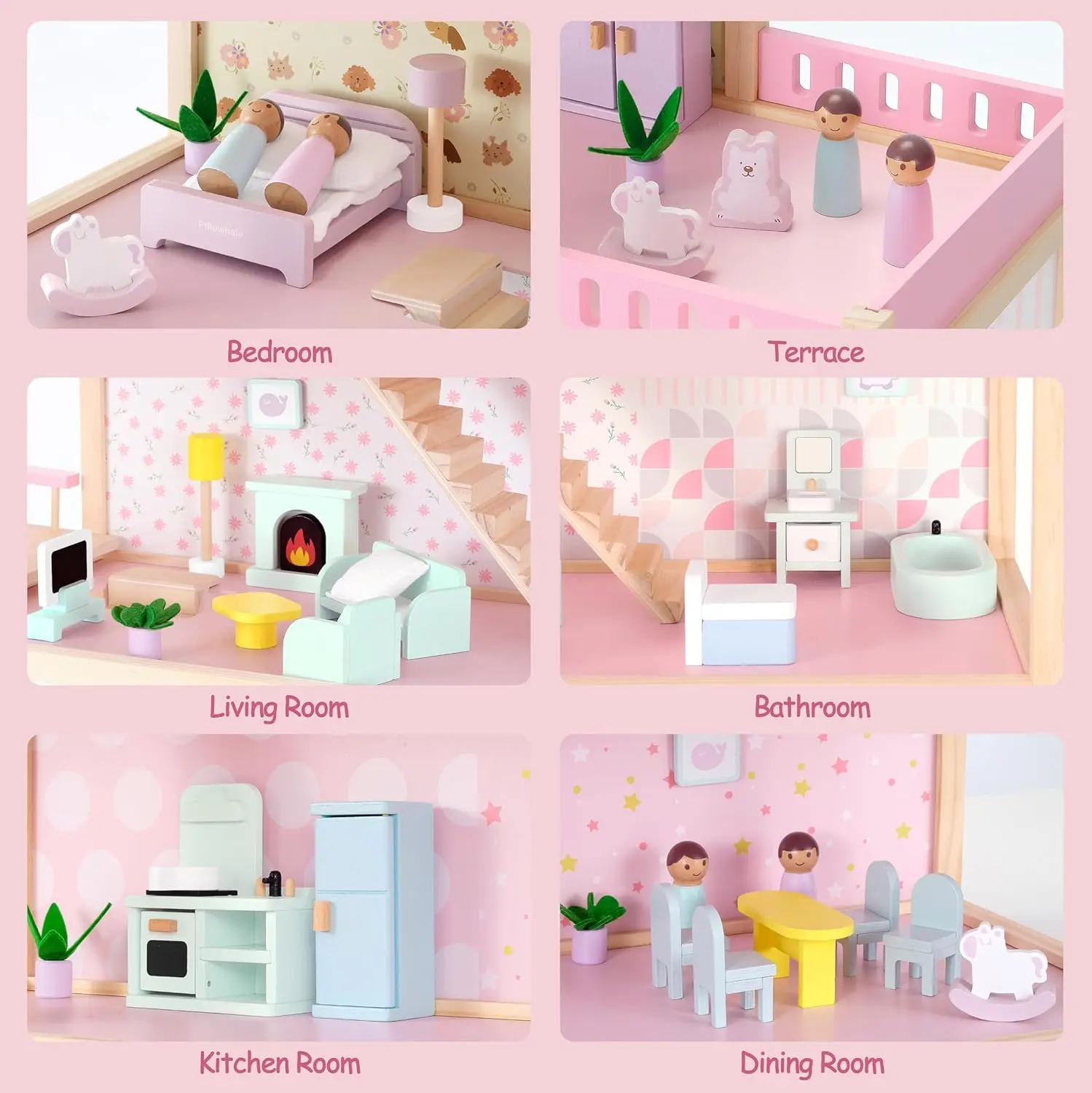 บ้านตุ๊กตาไม้พร้อมอุปกรณ์เฟอร์นิเจอร์บ้านตุ๊กตา 36 ชิ้น, บ้านตุ๊กตาโมเดิร์นขนาดใหญ่ 7 ห้อง, ของขวัญของเล่นในอุดมคติสําหรับเด็กผู้หญิง Todd