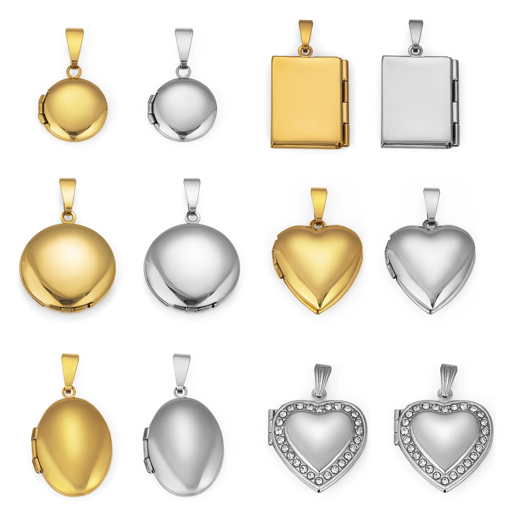 4pcs/lot High Quality Mirror Polished Stainless Steel Heart Round Photo Locket Charms For DIY Jewelry Making Supplies