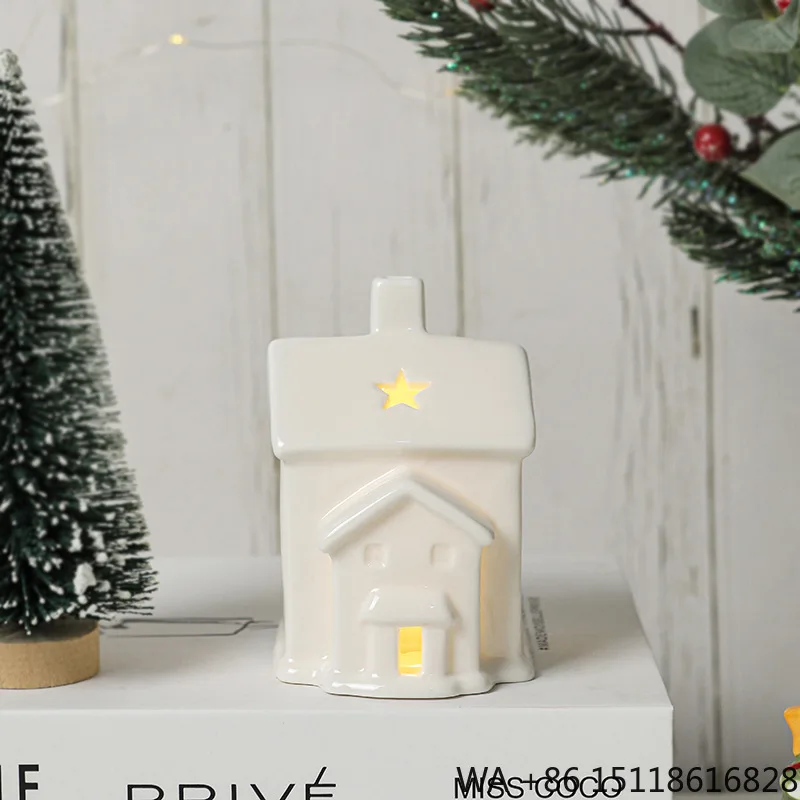 Custom Design White Modern Nordic Glazed Ceramic Figurine with Relief Tree and Snowmen Pattern LED Light Hollow Statue Custom