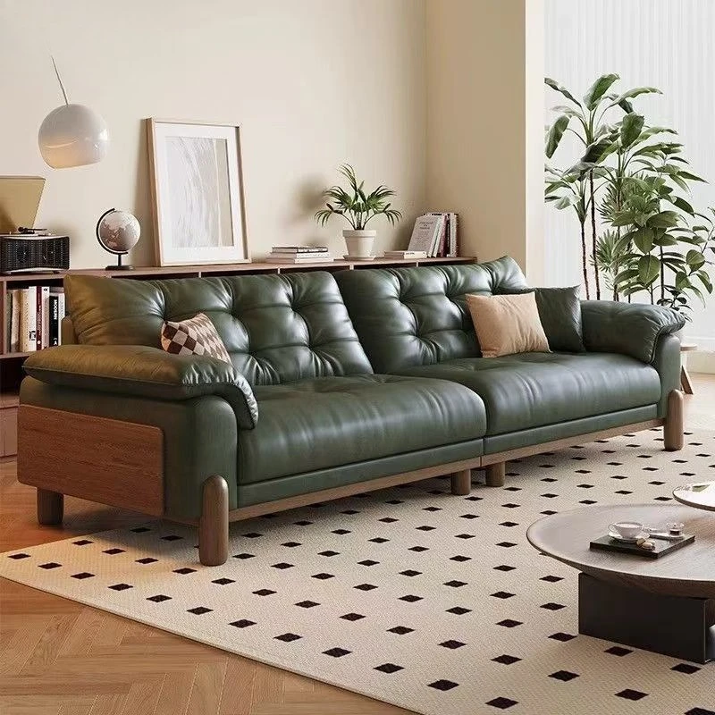 Cloud retro leather sofa, medieval style, oil wax first layer cowhide, straight row sofa