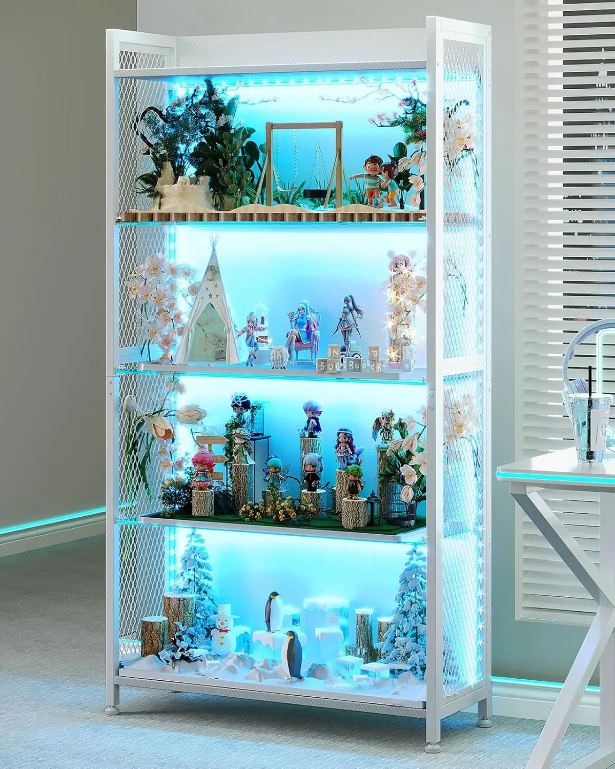 

Display Case with LED Lights, Display Cabinet with Glass Storage Shelves, 4-Tier Curio Cabinet for Collectibles with Open She