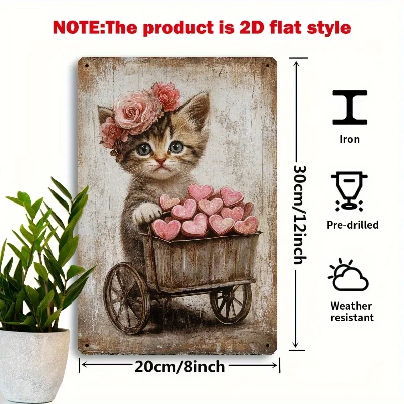 2D Flat, 2D Flat 1pc, Kitten with Hearts Iron Metal Decorative Sign, 8x12 Inch Vintage Aesthetics, Romantic & Sweet Decor, Suita
