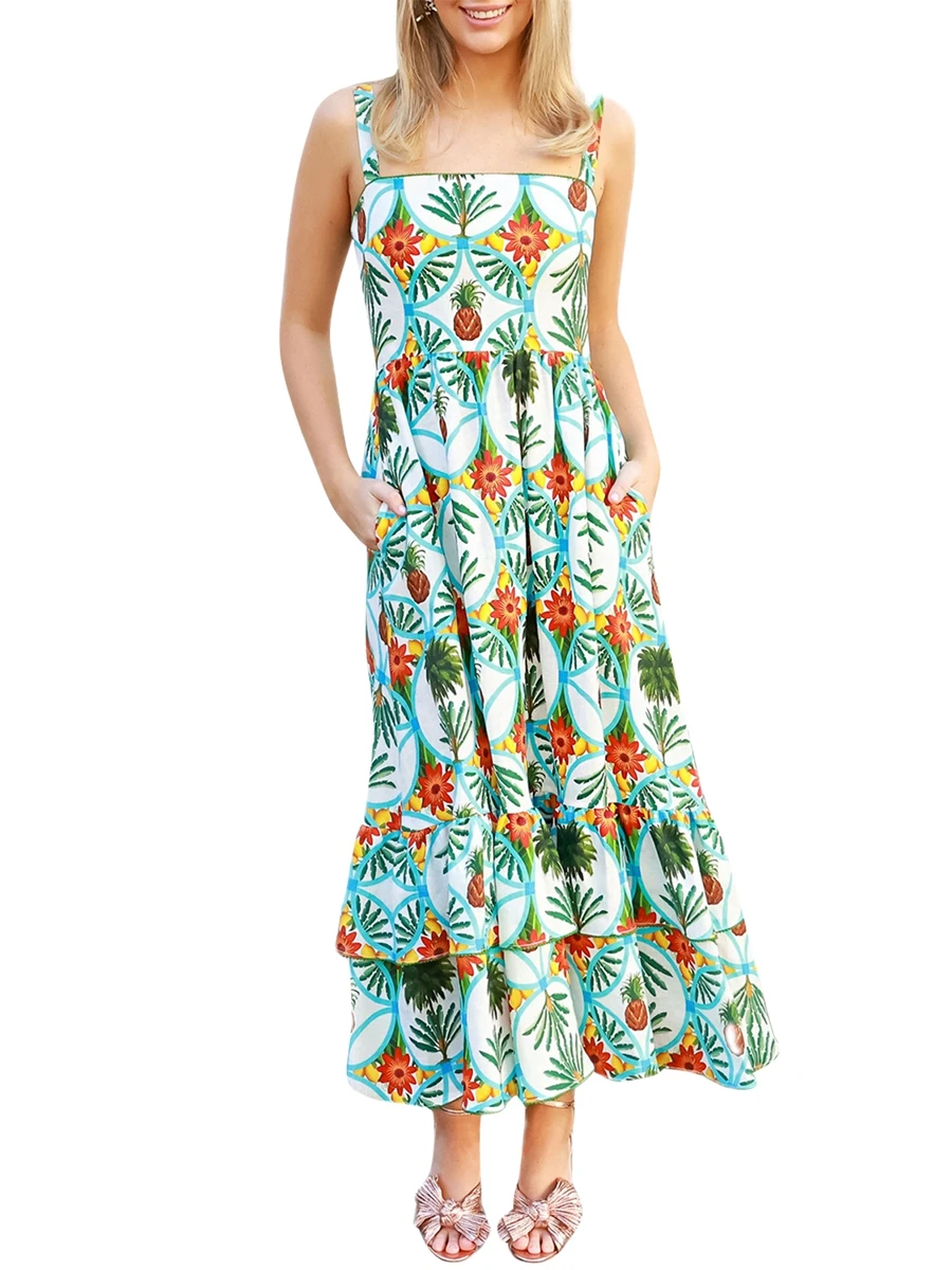 

Women’s Square Neck Tank Dress Summer Sleeveless Floral Print A-Line Dress Long Flowy Dress