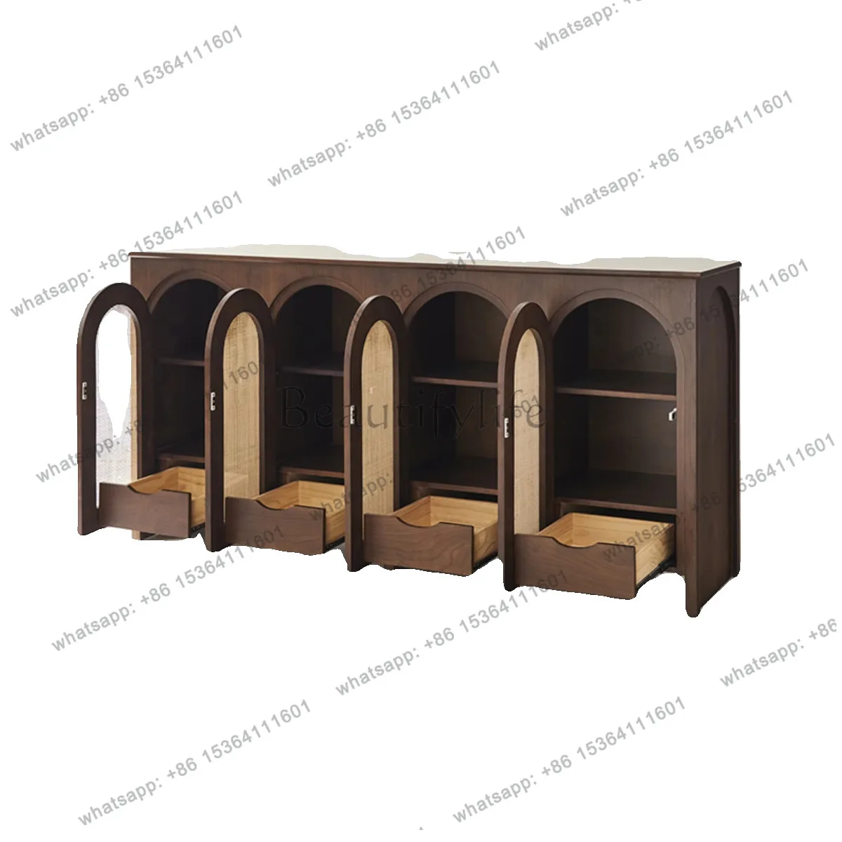 French retro solid wood dining side cabinet rattan storage medieval style arched against the wall