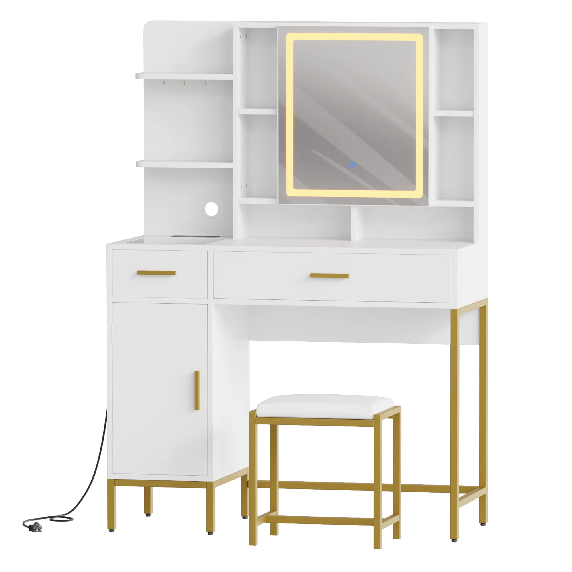 Makeup Vanity Desk with Led Lights, Modern White Dressing Table Set with Soft Cushioned Stool, 3 Lighting Modes Vanity Table with 2 Drawers, Open Shelves, Cabinet and Charging Station