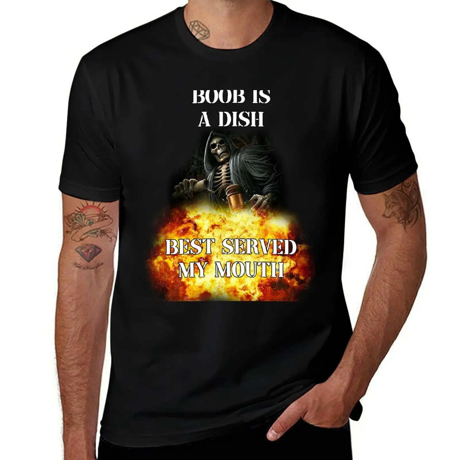 boob is a dish best served my mouth badass skeleton meme T-Shirt Basic Casual Wear Short Sleeve Top T-Shirt