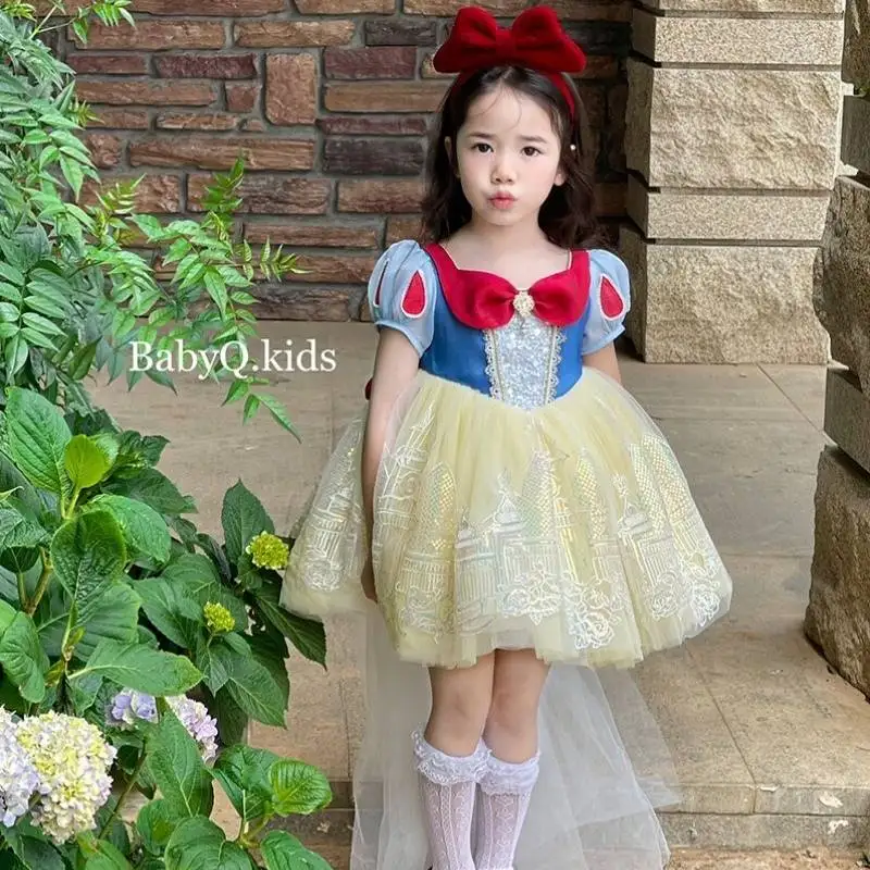 Kids Snow White Cosplay Dress Blue Yellow Puffy Tulle Tutu Gown Girl Birthday Photography Outfit With Big Red Bow Headband