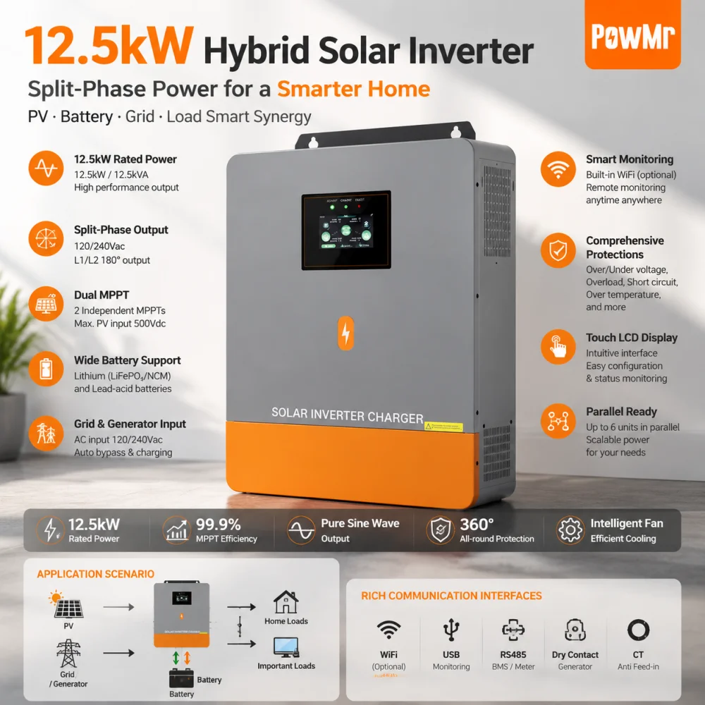 PowMr 12000W 12KW 48V Split Phase Hybrid Solar Inverter Charger 110/220Vac Output With MPPT 250A Solar Controller Dual MPPT 24000W PV Input 500V Work for Lead Acid Lithium Battery BMS WiFi Parallel Function UPS Off Grid Home Solar Power System