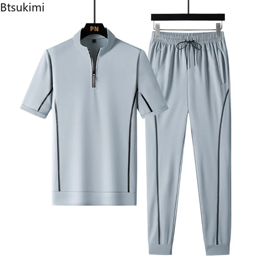 2026 New Men's Fashion Ice Silk Short Sleeve Sets Summer Casual Breathable T-shirts and Pants Male Sports Fitness Two Piece Sets