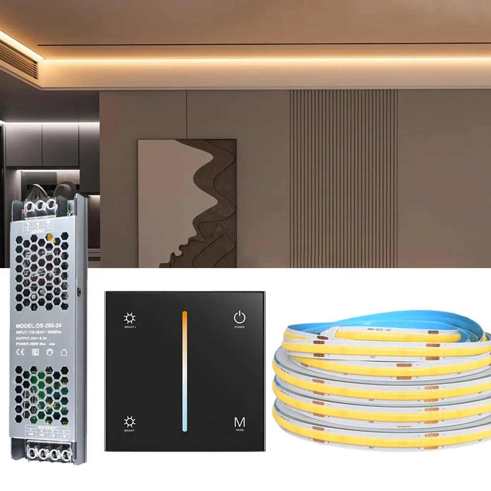 

10M 20M COB CCT Светодиодная лента 24V Настенный сенсорный контроллер Двойной белый гибкий декор для комнатного освещения 2700-6500K Комплект линейных ленточных ламп