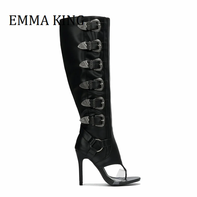 

Women's Belt Buckle Design Knee High Boots Sexy Open Round Toe Gladiator Boots Fashion Long High Heel Zipper Boots Evening Shoes