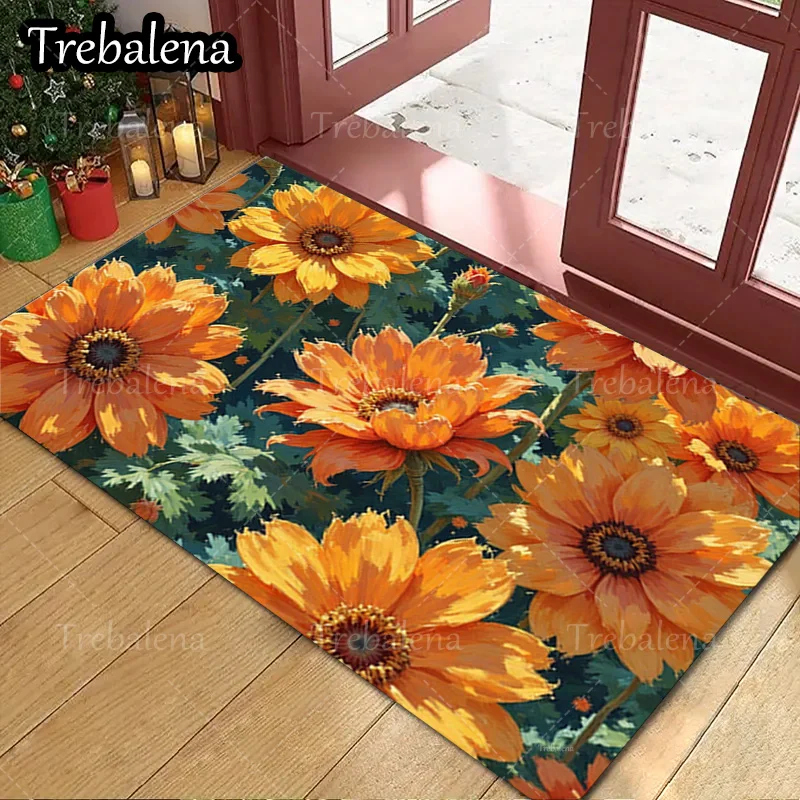 

1pc Welcome Door Mat Orange Daisy Floral Print Indoor Outdoor Welcome Mat Soft Absorbent Floor Rug
