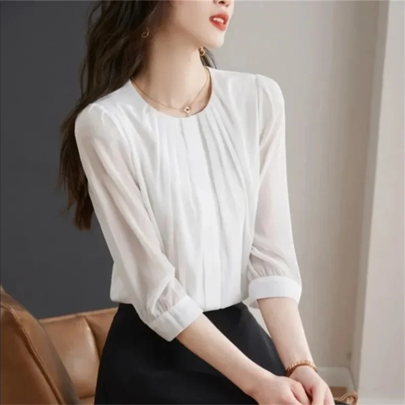 Fashion Round Neck Chiffon Shirt Women\'s Blouses Summer White Pleated Top Cardigan Female Blouses OL Leisure Feminine Blusas