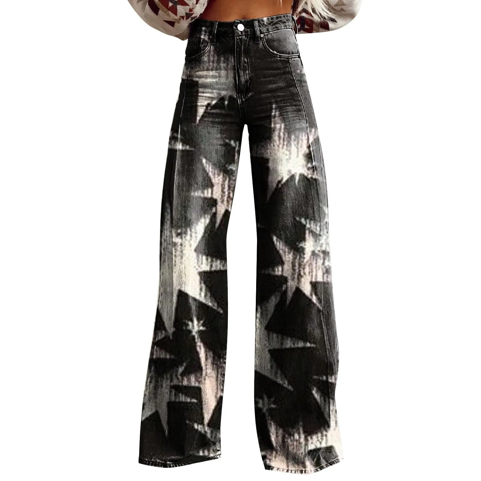 Pantalon évasé à jambes larges pour femmes, avec poches imprimées amples de style vintage, pantalon long pour femmes avec taille détendue