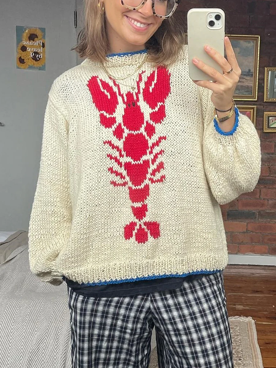 Lobster Patterm Knitted Pullovers Autumn Winter Long Sleeve Knitwear 90s Vintage Grunge Preppy Style Y2K Sweater Women Clothes