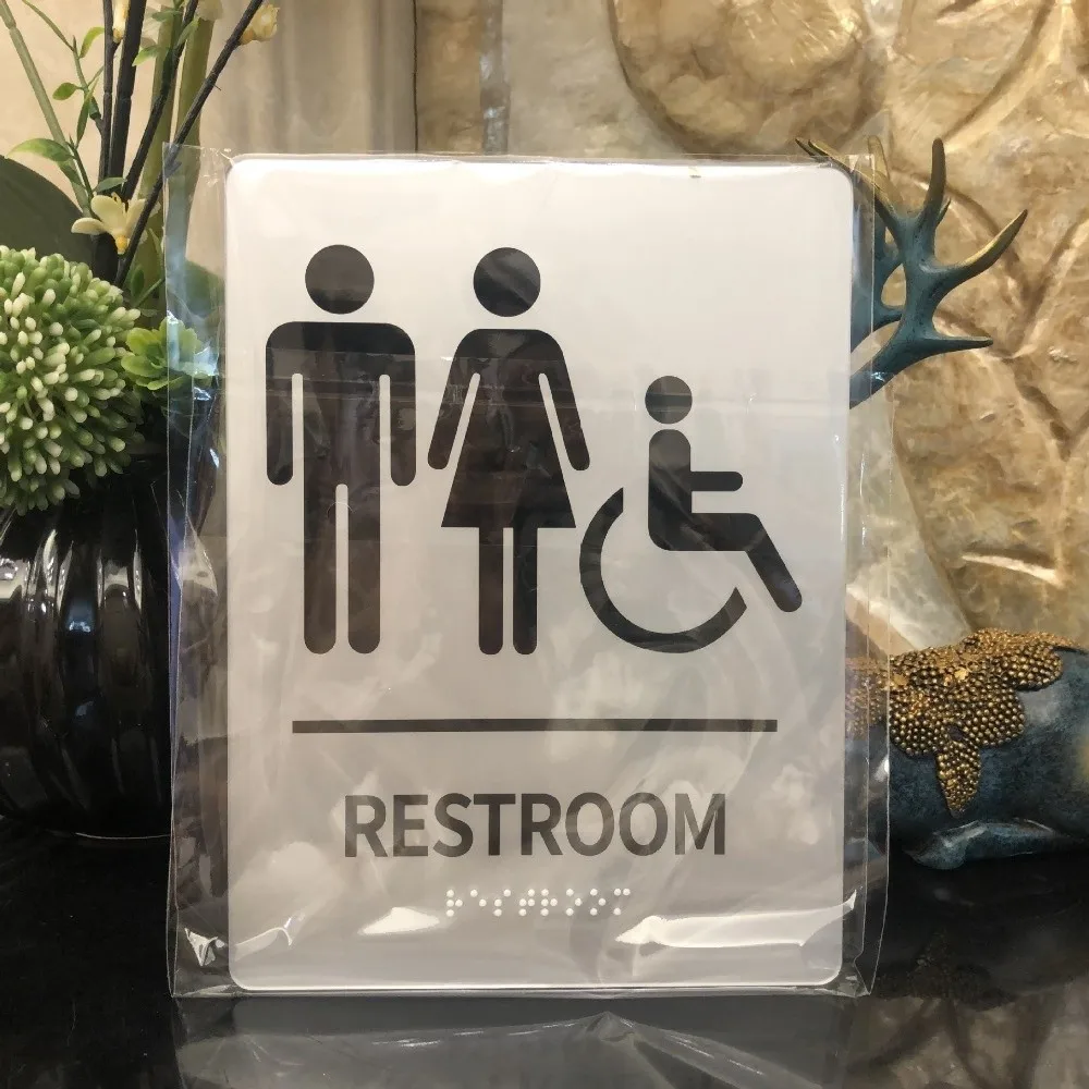 Acrylic Braille Restroom Sign Self Adhesive Rectangle Washroom Door Sign Wall Mounted Removable Restroom Guide Retail Store