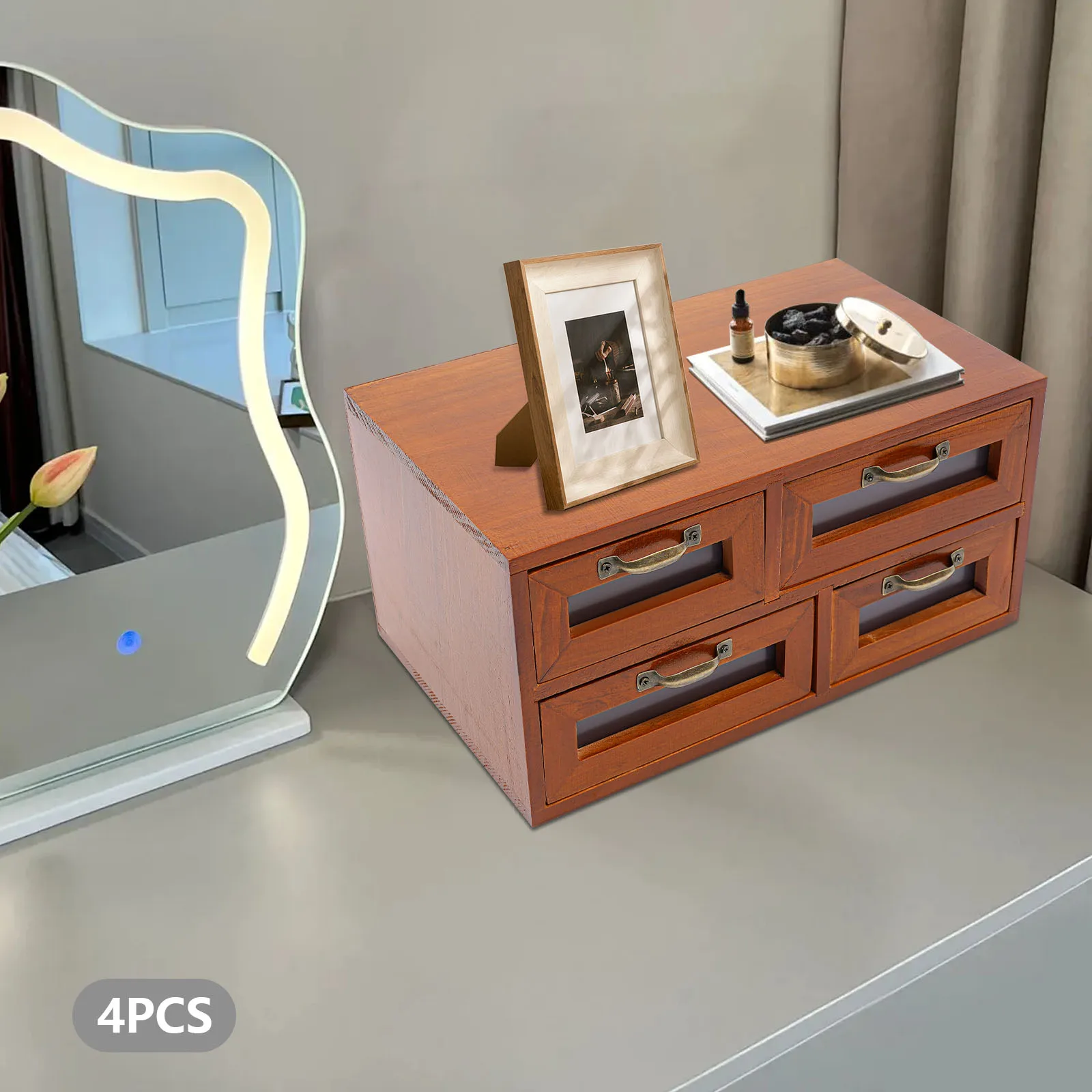 

4-Piece Vintage Wooden Drawer Organizer Set, 16-Drawer Tabletop Storage Box, Rectangular Multi-Drawer Organizer for Office/Home