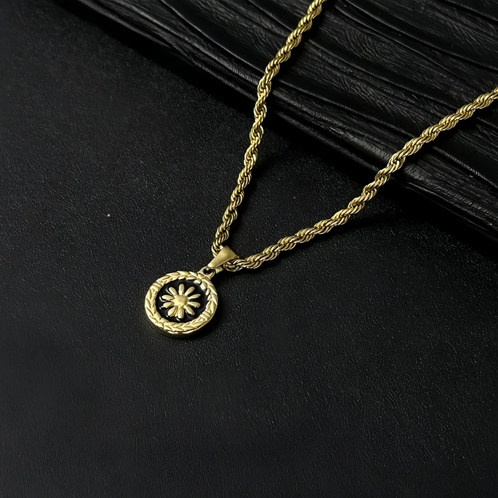 Vintage Runde Münze Schwarze Tropfen-Glasur Blumen-Anhänger Halskette Hip-Hop Goldfarben Edelstahl Gedrehte Kette Herrenschmuck – Detail 6