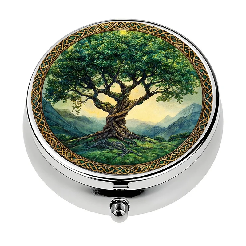 A small pill box with a three-compartment design, featuring a Tree of Life pattern, is perfect for keeping in your pocket or handbag. This metal pill organizer is very suitable for travel and office use